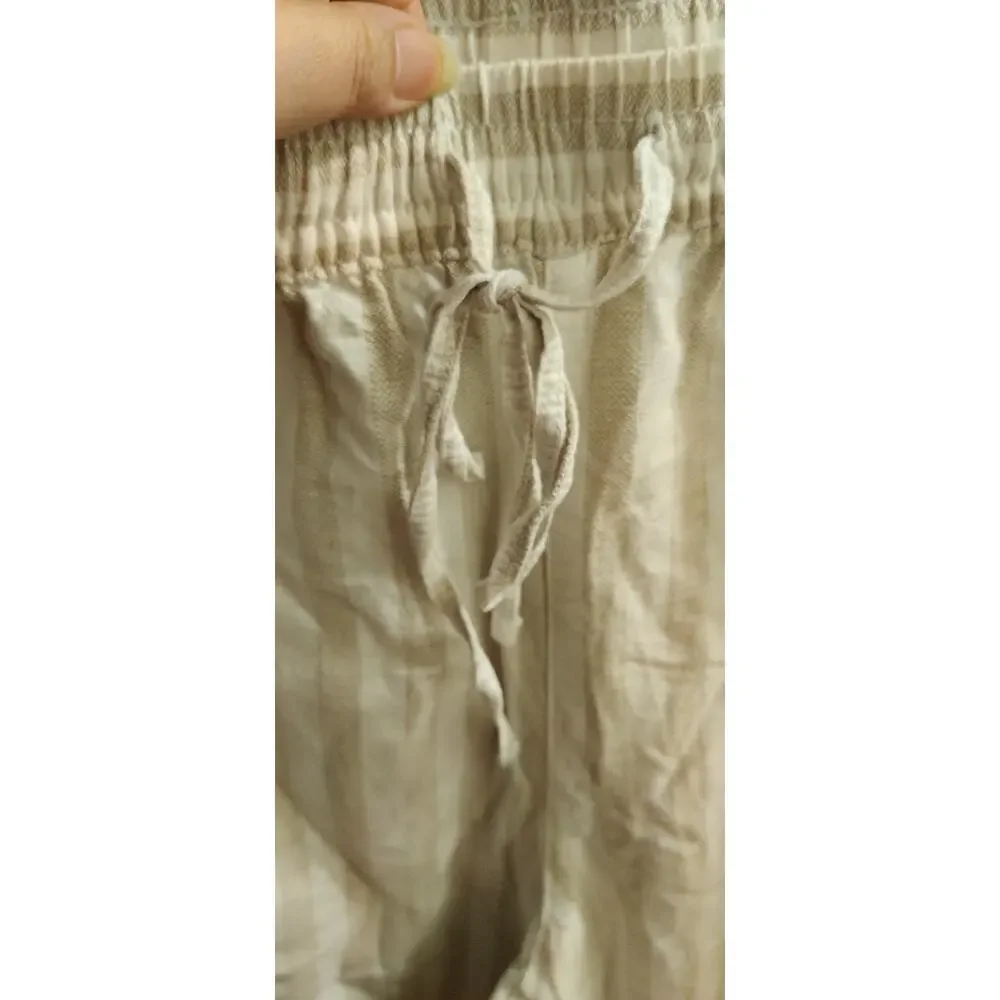 H&M Wide-Cut Pull-on Linen Pants In Taupe White Stripes Size XXL Pockets